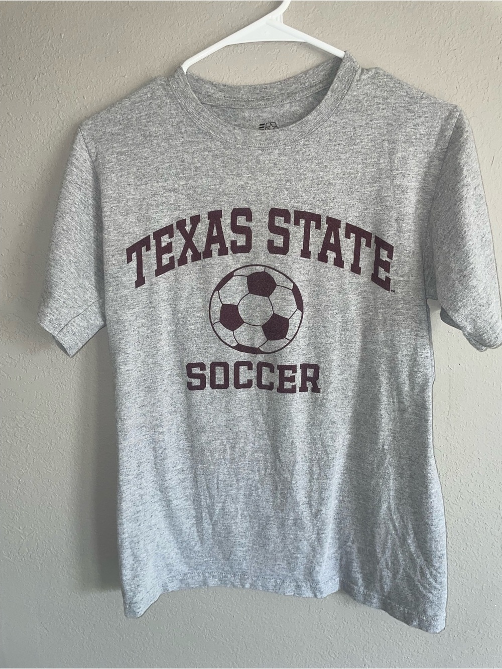 Grey T-Shirt with Maroon Texas State Soccer Graphic